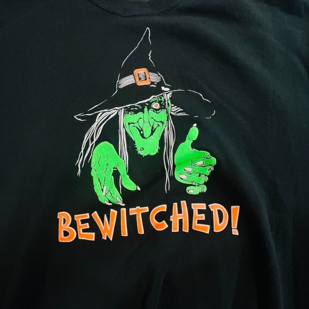 Vtg Fleece Lined Graphic Sweatshirt Sz XL Black w/ Wicked Witch Titled BEWITCHED